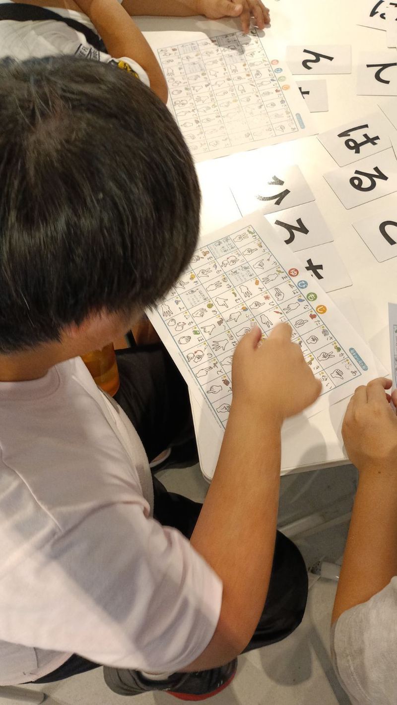 指文字の表とひらがなカードを机に広げ、指で表をたどりながら手の形を確かめる子どもの手元