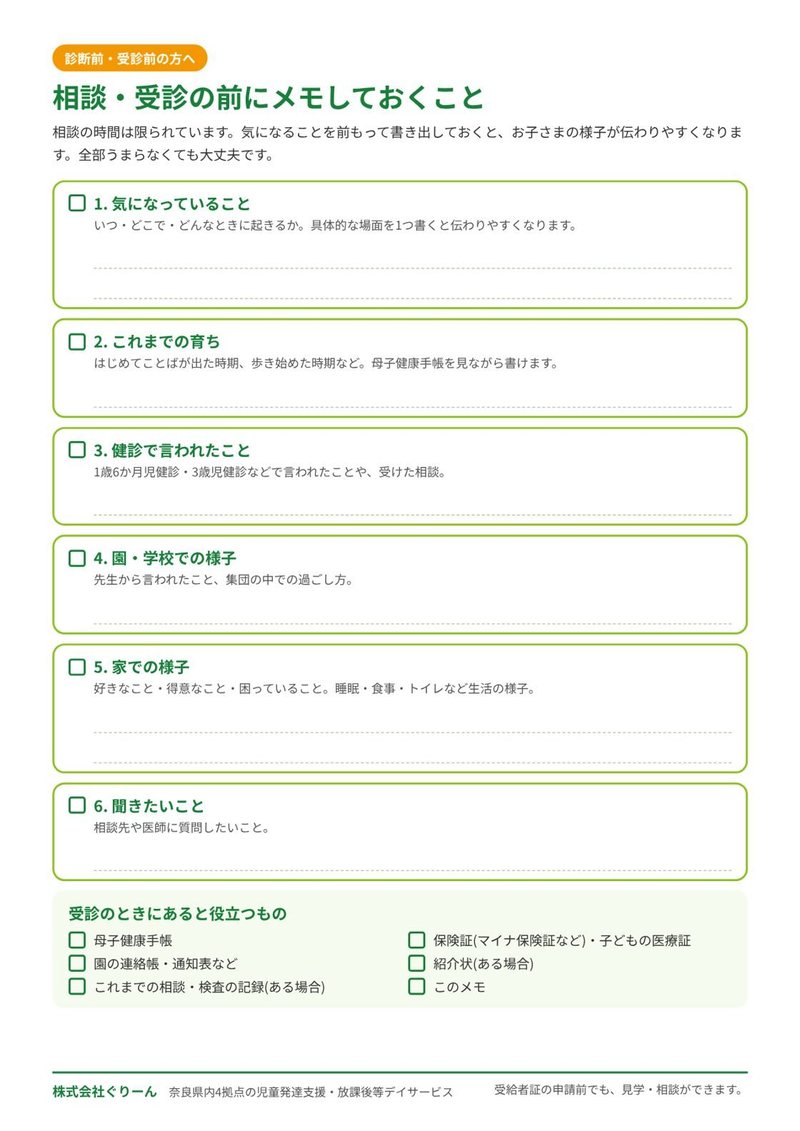 相談・受診の前にメモしておくことのチェックリスト(気になっていること・これまでの育ち・健診で言われたこと・園や学校での様子・家での様子・聞きたいこと、受診時の持ち物)